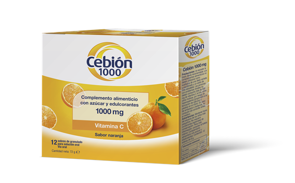 Cebion Vitamina C 1000 mg defensas, 12 sobres sabor naranja